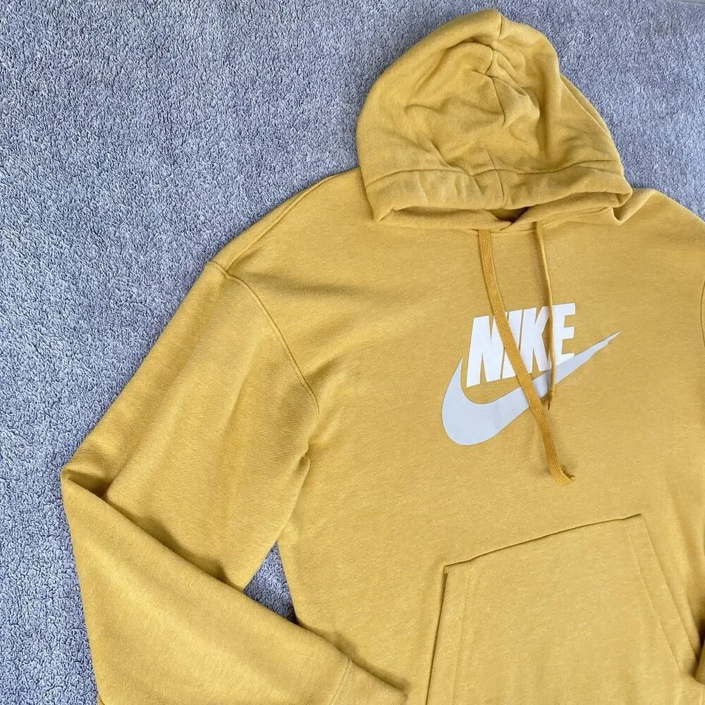 Nike Sportswear Men's Hoodie Sweatshirt Yellow Fleece Terry Cloth Lined Size L